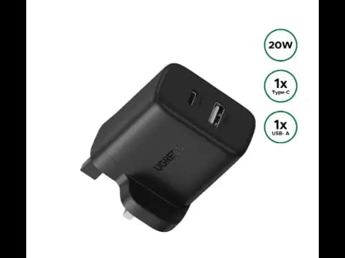 UGREEN 20W Type-C + USB A Port Fast Charger UK Pin (Black)- X227 – 45304 – 1 Year Warranty