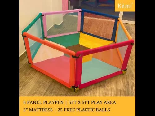 Kemi 6 Panel Baby Playpen with 2 inch Mattress | 5ft x 5ft | Sturdy Frame | 24" (H) x 36" (L) | Export Quality