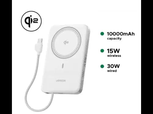 UGREEN 10000mAh 15W Qi2 MagFlow Air Magnetic Power Bank (Lunar White)- PB570 – 75983B – 1 Year Warranty