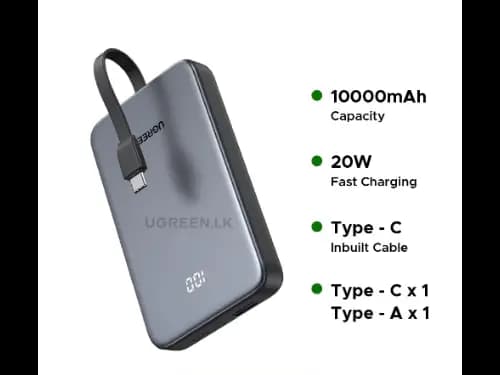 UGREEN 10000mAh 20W Power Bank with Built-in Cable- PB526 – 75161B – 1 Year Warranty