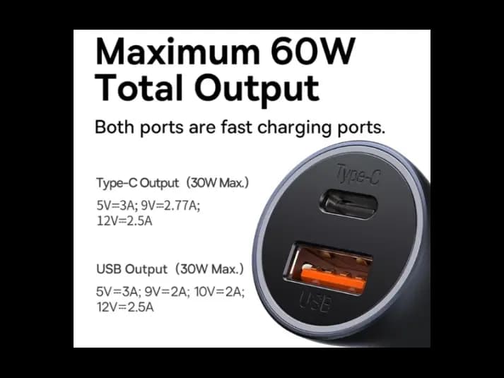Baseus 60W Golden Contactor Max Dual Fast Car Charger – USB Type-C (Dark Gray) – Model: CGJM000113 (3)