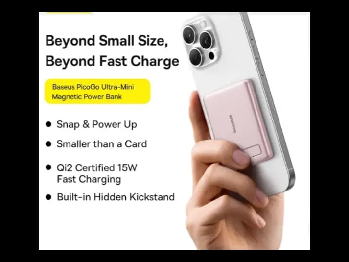 Baseus 5000mAh 20W Qi2 PicoGo AM31 Ultra-Mini Magnetic Power Bank with Kickstand Nebula Pink (with Braided Cable USB-C to USB-C 30cm Pink) -P1007680B453-00 (5)