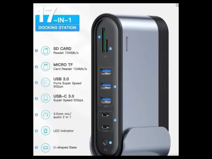 Baseus 17 Port Working Station Three-Screen Multifunctional Type-C HUB Adapter (US EU UK) Type-C to 3*HDMI up to 4K@30Hz/ 3*USB-A 3.0 (5Gbps)/2*USB 2.0 480Mbps /2*Type-C 3.0 (5Gbps)/1*RJ45 1000mbps / (4)