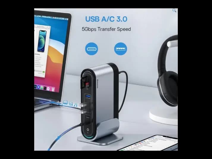Baseus 17 Port Working Station Three-Screen Multifunctional Type-C HUB Adapter (US EU UK) Type-C to 3*HDMI up to 4K@30Hz/ 3*USB-A 3.0 (5Gbps)/2*USB 2.0 480Mbps /2*Type-C 3.0 (5Gbps)/1*RJ45 1000mbps / (6)