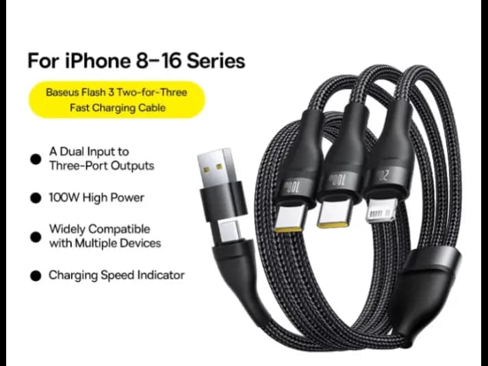 Baseus 1.5M Flash Series 3 Two-for-Three U C to C C L 100W Fast Charging Cable – Cluster Black – Model: P10377501111-00 (2)