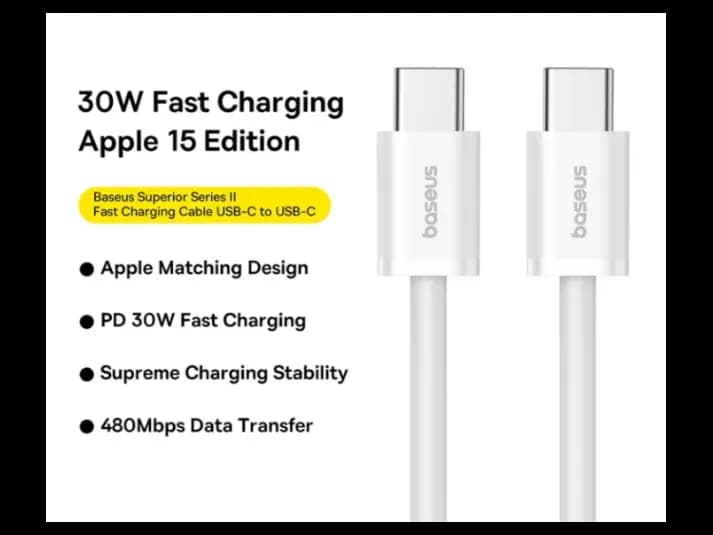 Baseus 1 Meter 30W Superior Series 2 Type-C to Type-C Fast Charging Data Cable (Moon White) – Model: P10365200211-00 (2)