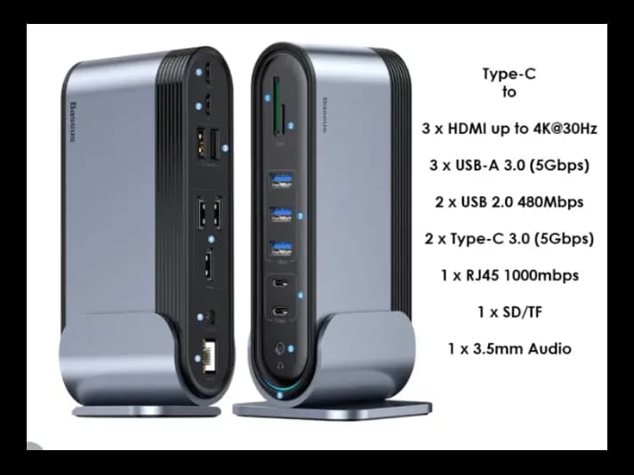 Baseus 17 Port Working Station Three-Screen Multifunctional Type-C HUB Adapter (US+EU+UK) Type-C to 3*HDMI up to 4K@30Hz/ 3*USB-A 3.0 (5Gbps)/2*USB 2.0 480Mbps /2*Type-C 3.0 (5Gbps)/1*RJ45 1000mbps /