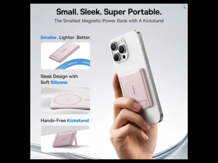 Baseus 5000mAh 20W Qi2 PicoGo AM31 Ultra-Mini Magnetic Power Bank with Kickstand Nebula Pink (with Braided Cable USB-C to USB-C 30cm Pink) -P1007680B453-00 (6)