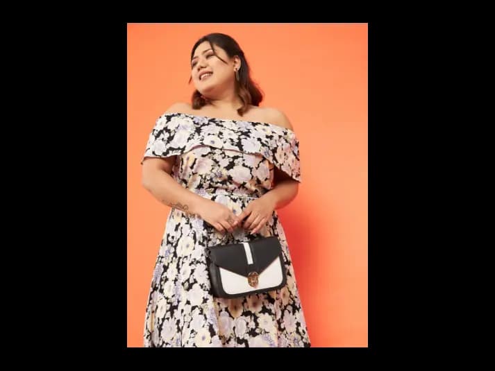 Plus Size Floral Printed Off-Shoulder Midi Dress (4)