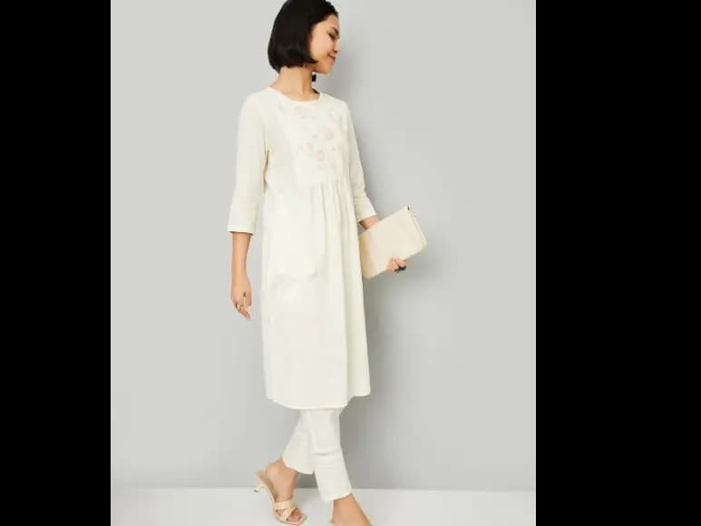 Floral Embroidered Sequinned A-Line Pure Cotton Kurta (3)