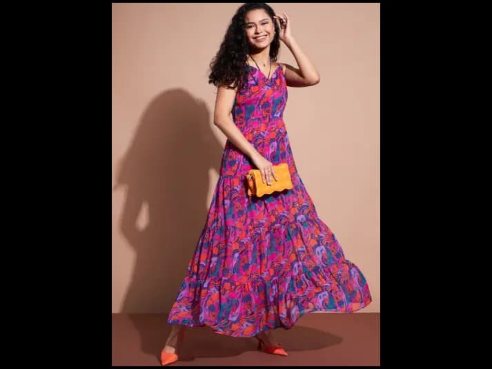 Floral Printed Shoulder Strap Fit and Flare Maxi Dress (2)