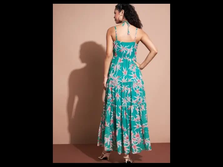 Green Floral Printed Shoulder Straps Maxi Dress (6)
