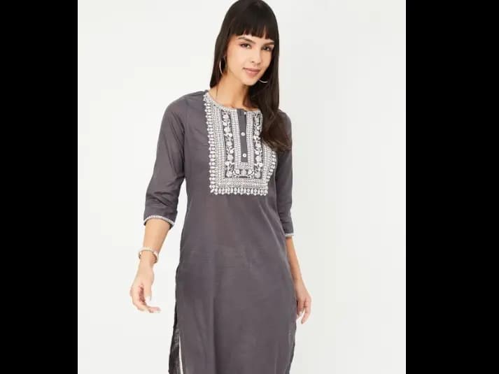 Floral Yoke Design Round Neck Thread Work Straight Kurta (3)