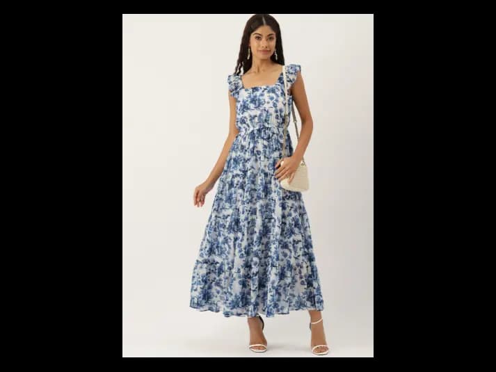 Floral Printed Square Neck Ruffled Tiered Georgette Maxi Fit & Flare Dress