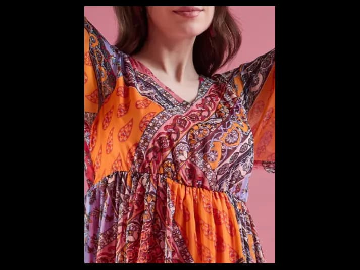 Ethnic Motifs Print Flared Sleeve Chiffon Empire Maxi Dress (6)