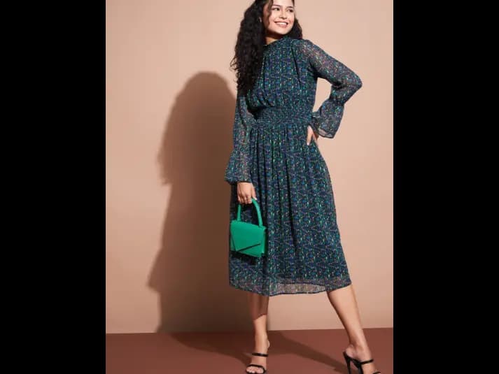 Beige Floral Print Puff Sleeve Fit & Flare Midi Dress