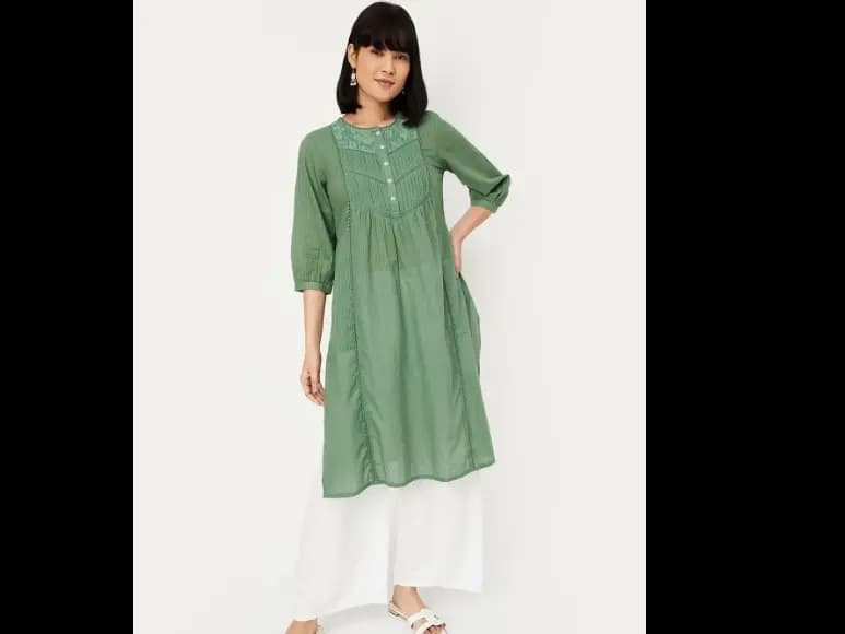 Striped Thread Work Pleated Cotton A-Line Kurta (4)