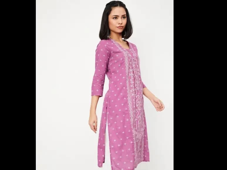 Ethnic Motifs Woven Design Pleated V-Neck Straight Kurta (3)