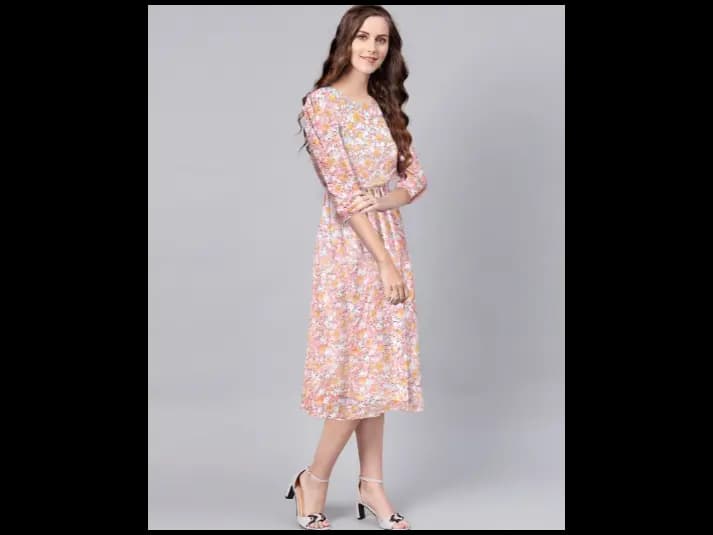 Women Floral Fit & Flared Dress with Round Neck (3)