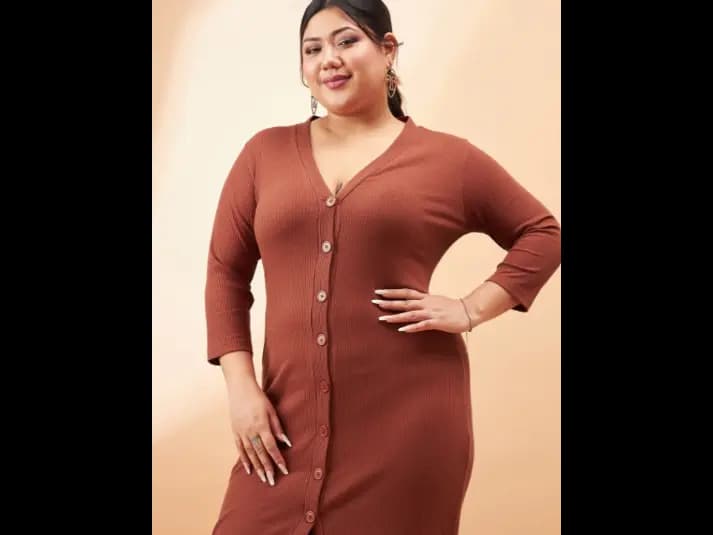 Plus Size Rust Brown Ribbed V-Neck A-Line Midi Dress (5)