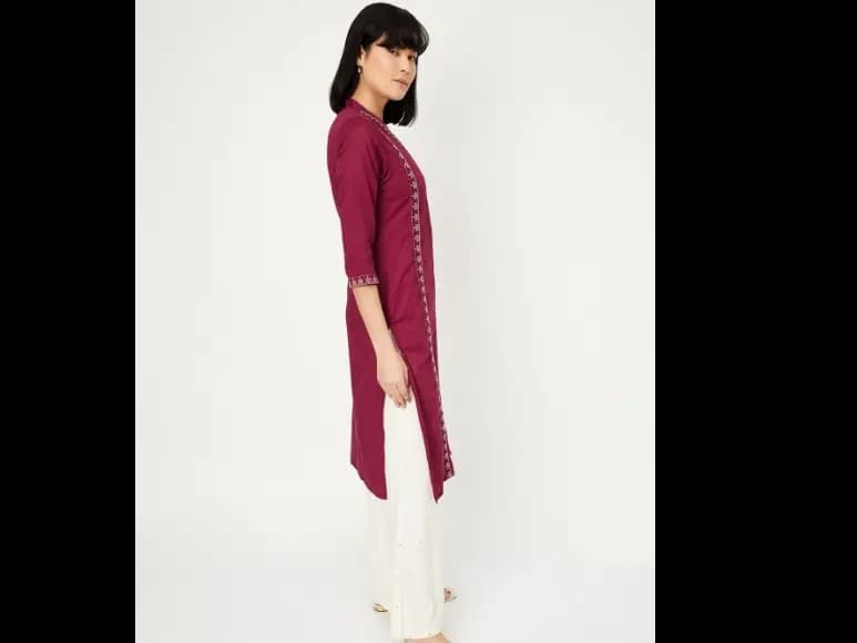 Floral Embroidered Mandarin Collar Cotton Straight Kurta (4)