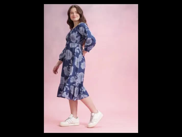 Floral Print Smocked Puff Sleeve Fit & Flare Dress (3)
