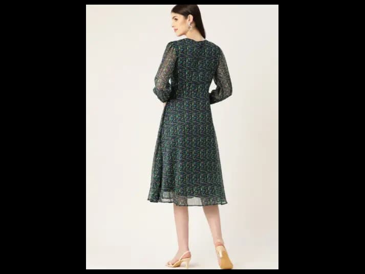 Black & Green Floral Printed Puff Sleeve Chiffon Fit & Flare Midi Dress (4)