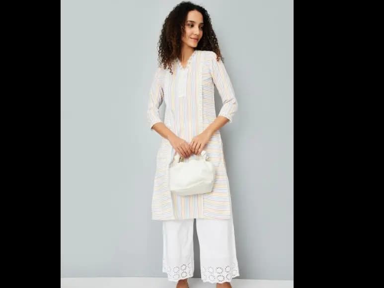 Striped Printed V-Neck Regular Cotton Straight Kurta (2)