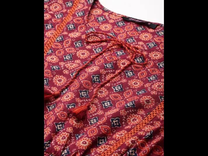 Ethnic Motifs Print Tie-Up Neck Puff Sleeve Pure Cotton Fit & Flare Midi Dress (5)