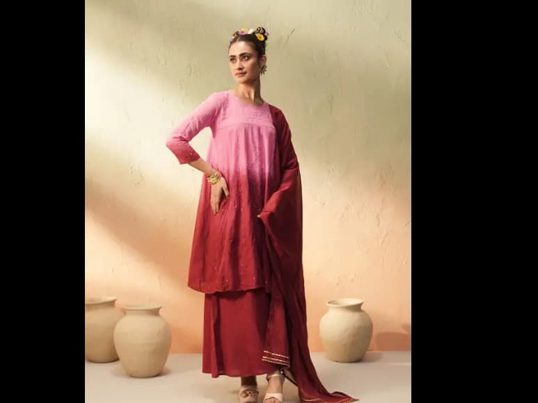 Ombre Embroidered Regular Thread Work Pure Cotton Kurta Set