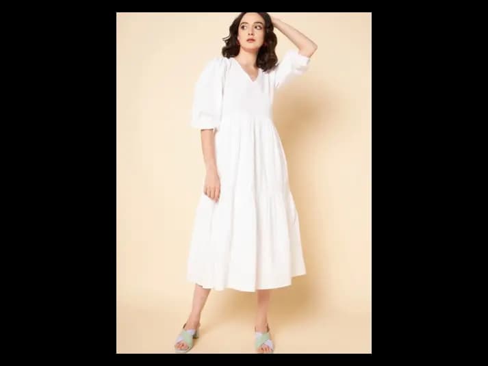 Puff Sleeves Tiered Pure Cotton Fit & Flare Midi Dress (2)