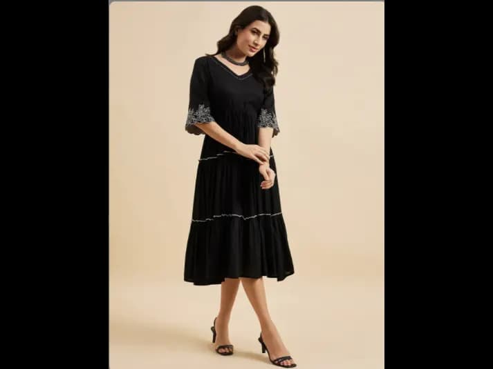 Floral Embroidered V Neck Bell Sleeves Empire Fit & Flare Tiered Dress