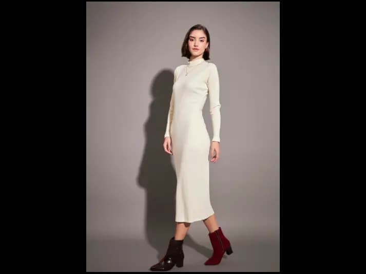 Off White Self Design High Neck Sheath Dress (4)