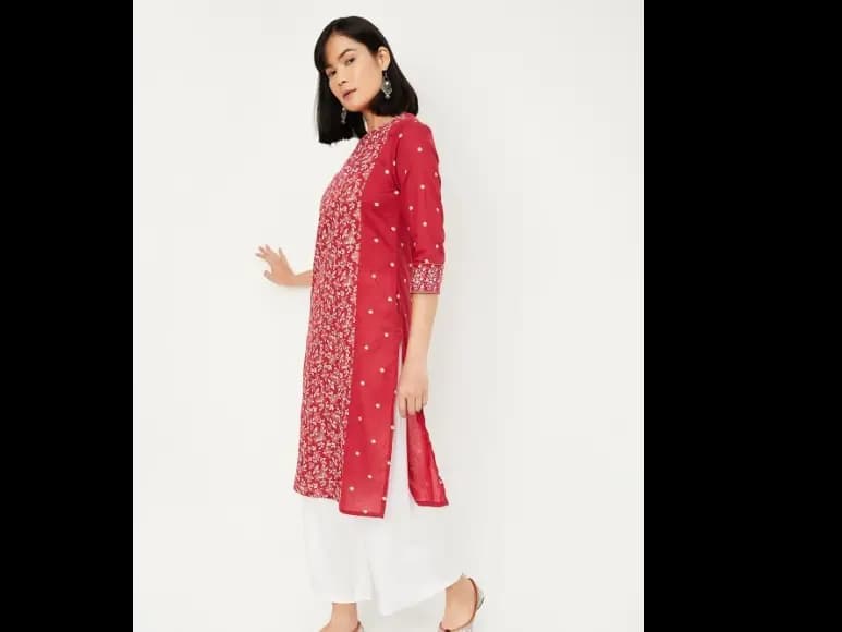 Floral Printed Round Neck Cotton Straight Kurta (2)