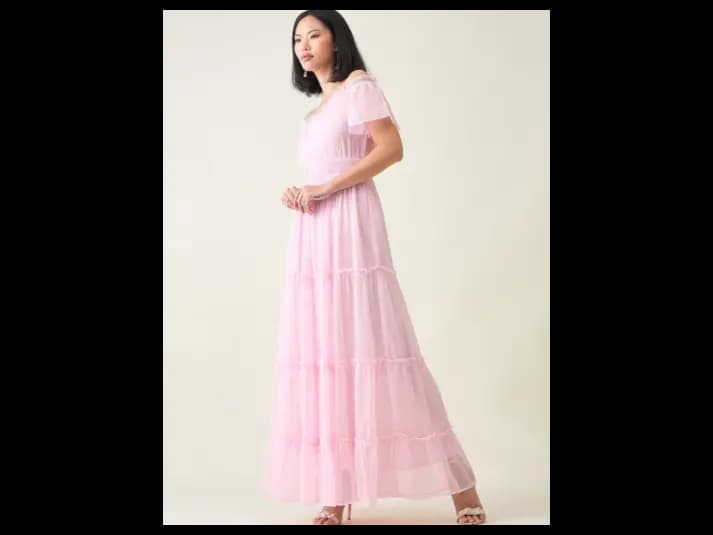 Off-Shoulder Smocked Tiered Chiffon Fit & Flare Maxi Dress (3)