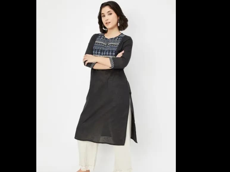 Floral Yoke Design Notch Neck Thread Work A-Line Kurta (2)