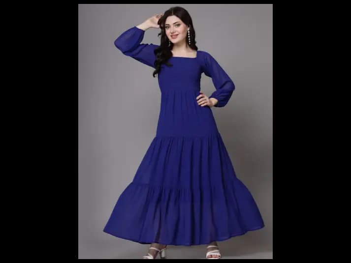 Women Self Design Puff Sleeve Maxi Dress