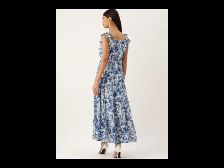 Floral Printed Square Neck Ruffled Tiered Georgette Maxi Fit & Flare Dress (3)