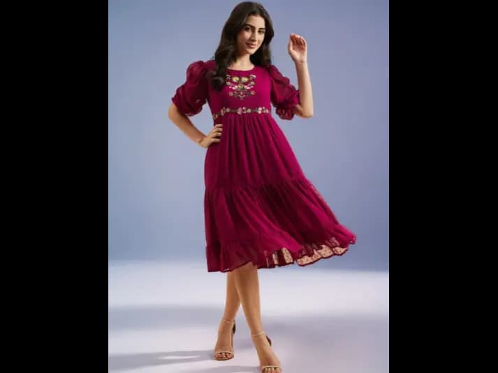 Floral Embroidered Round Neck Short Puff Sleeves Georgette Fit & Flare Tiered Dress