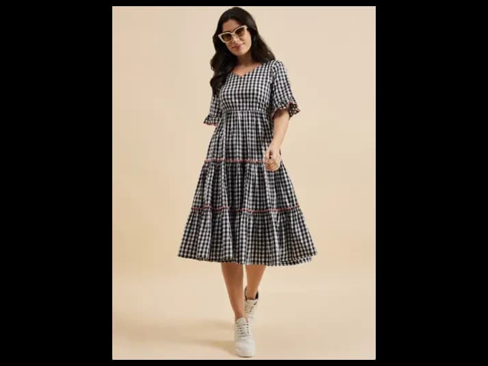 Checked Cotton Empire Puff Sleeve Layered Fit & Flare Midi Dress (4)