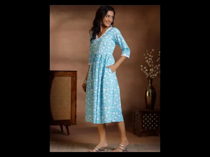 Floral Printed Cotton Fit and Flare Midi Dress (4)