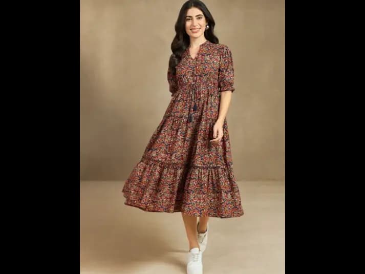 Ethnic Motif Print Mandarin Collar Short Puff Sleeves Cotton A-Line Midi Dress (2)