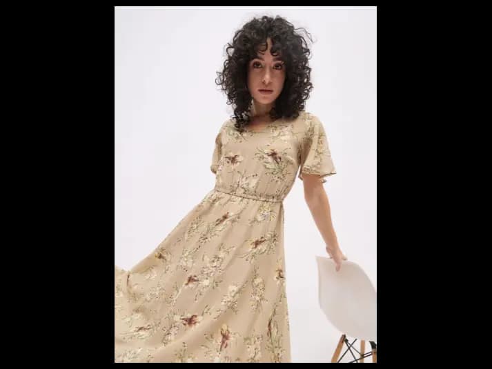 Floral Print Flared Sleeve Georgette Empire Midi Dress (4)