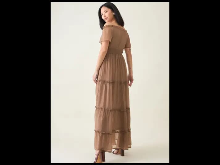 Women Off-Shoulder Tiered Smocked Chiffon Maxi Dress (3)
