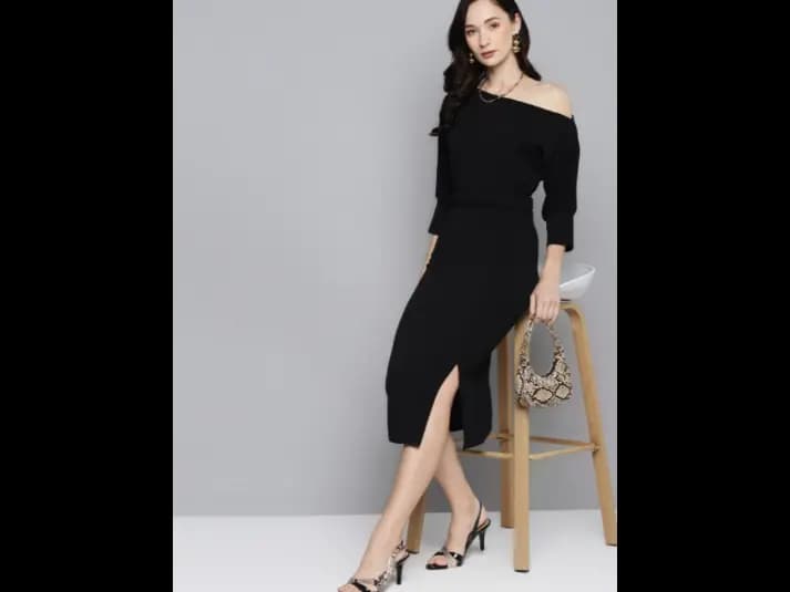 Black One-Shoulder Belted Drop Shoulder Midi Dress (3)