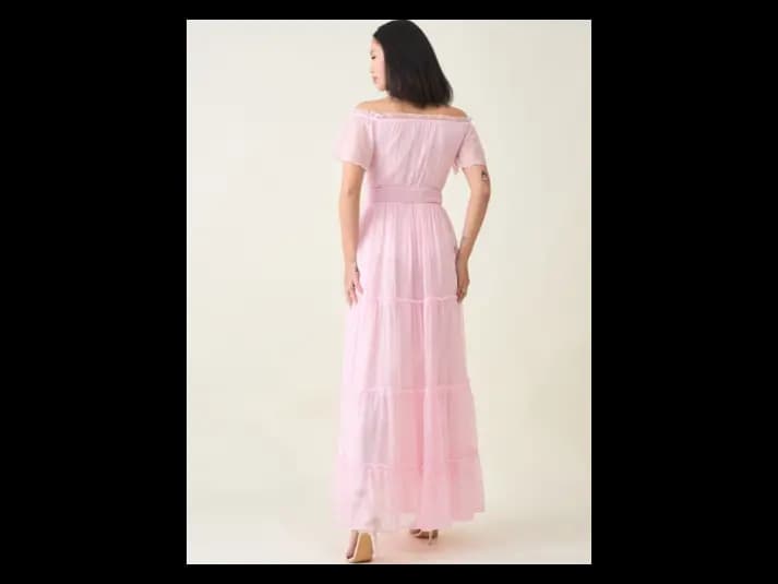 Off-Shoulder Smocked Tiered Chiffon Fit & Flare Maxi Dress (4)