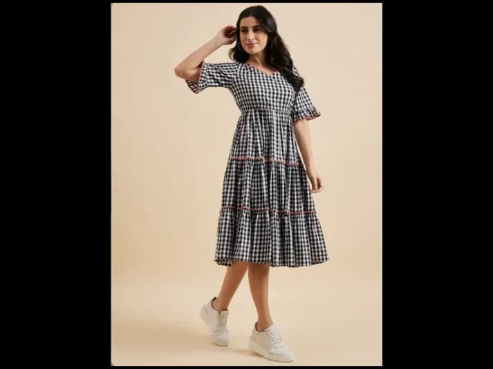 Checked Cotton Empire Puff Sleeve Layered Fit & Flare Midi Dress (2)