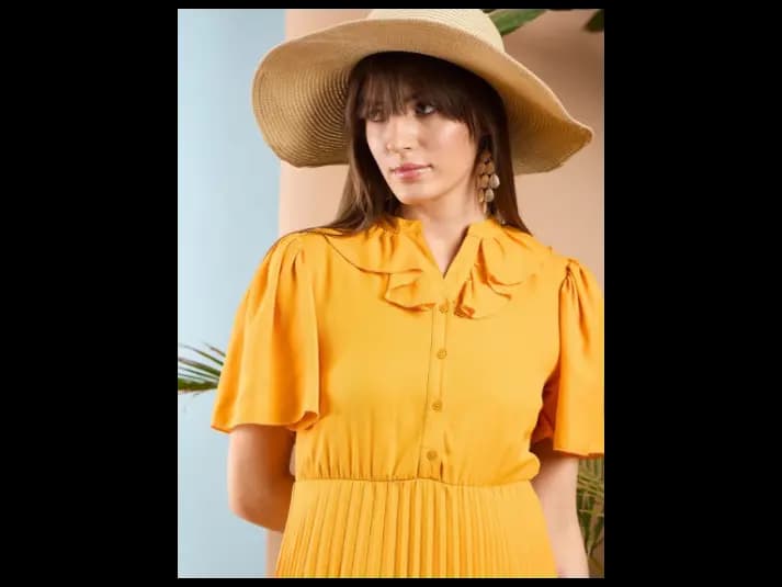 Mustard Yellow Ruffle Flared Sleeves Accordian Pleated Fit & Flare Midi Dress (5)