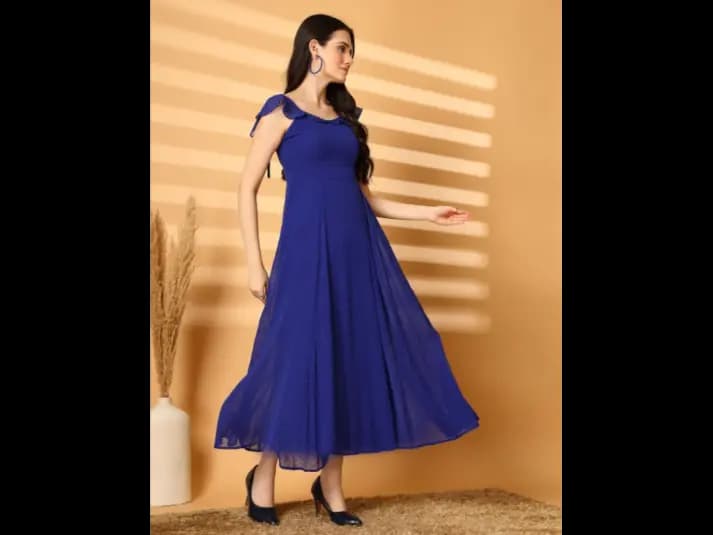 Georgette Round Neck Flutter Sleeves Fit & Flare Maxi Dress (3)