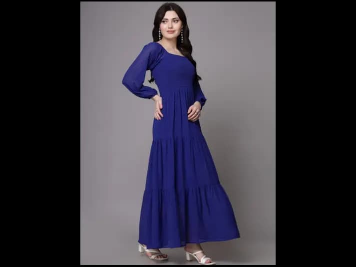 Women Self Design Puff Sleeve Maxi Dress (2)